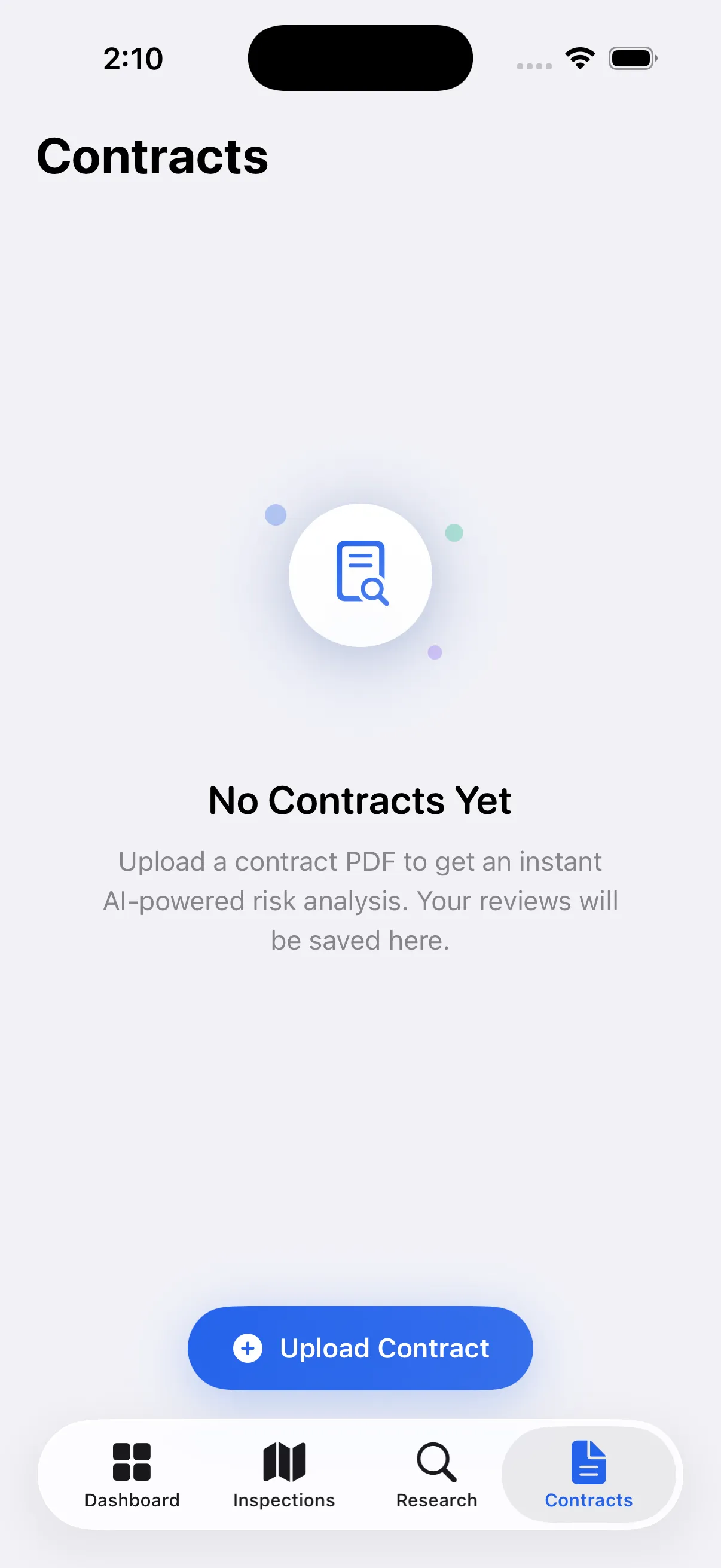 Contracts tab in Realestate Lens with upload CTA