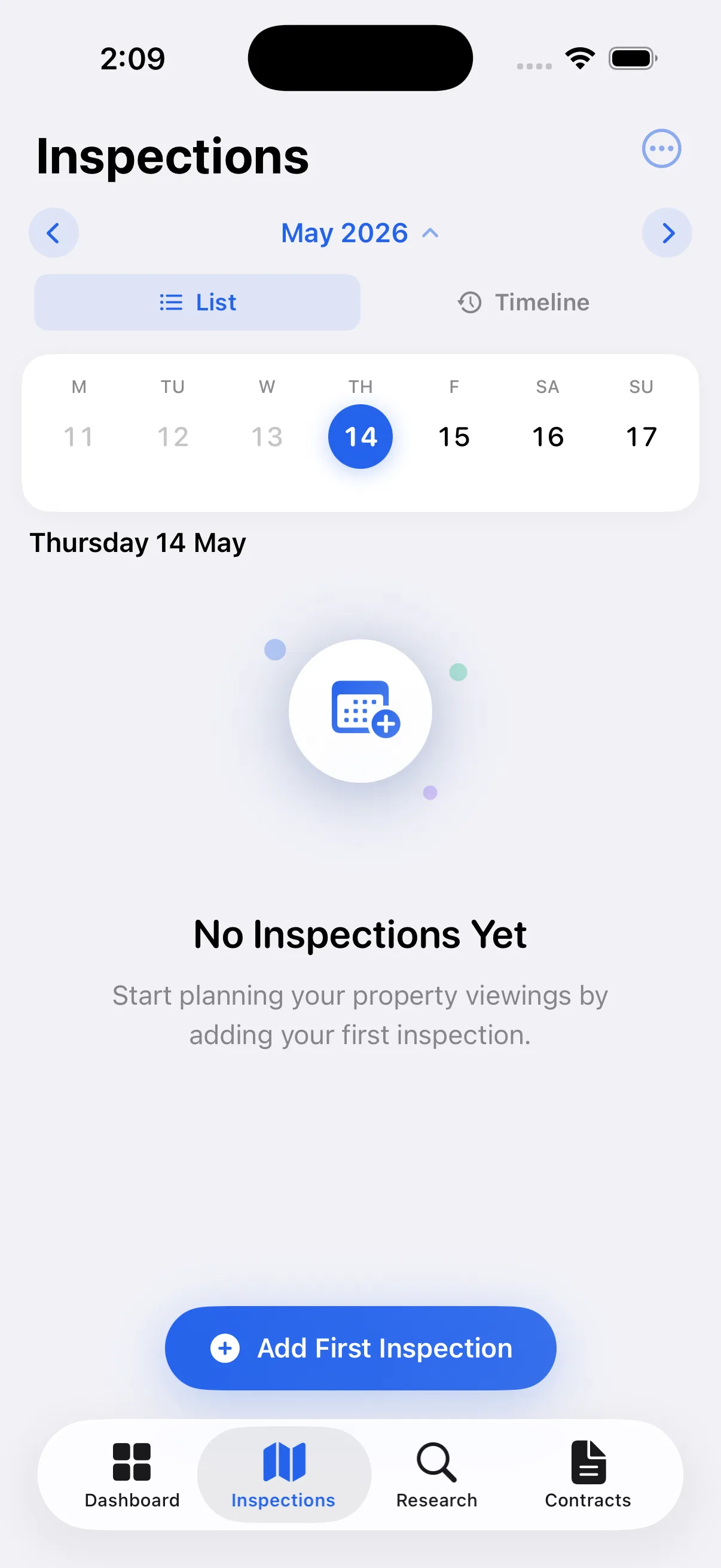 Inspection planner calendar showing scheduled property viewings