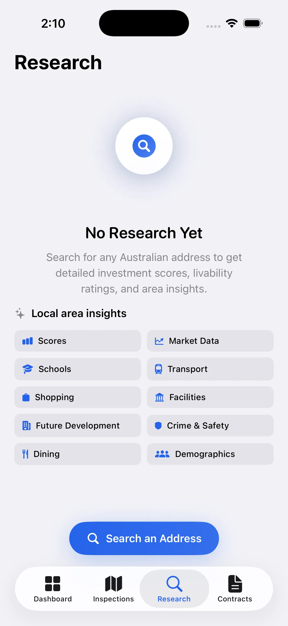 Property research screen showing all 10 local-area insight categories